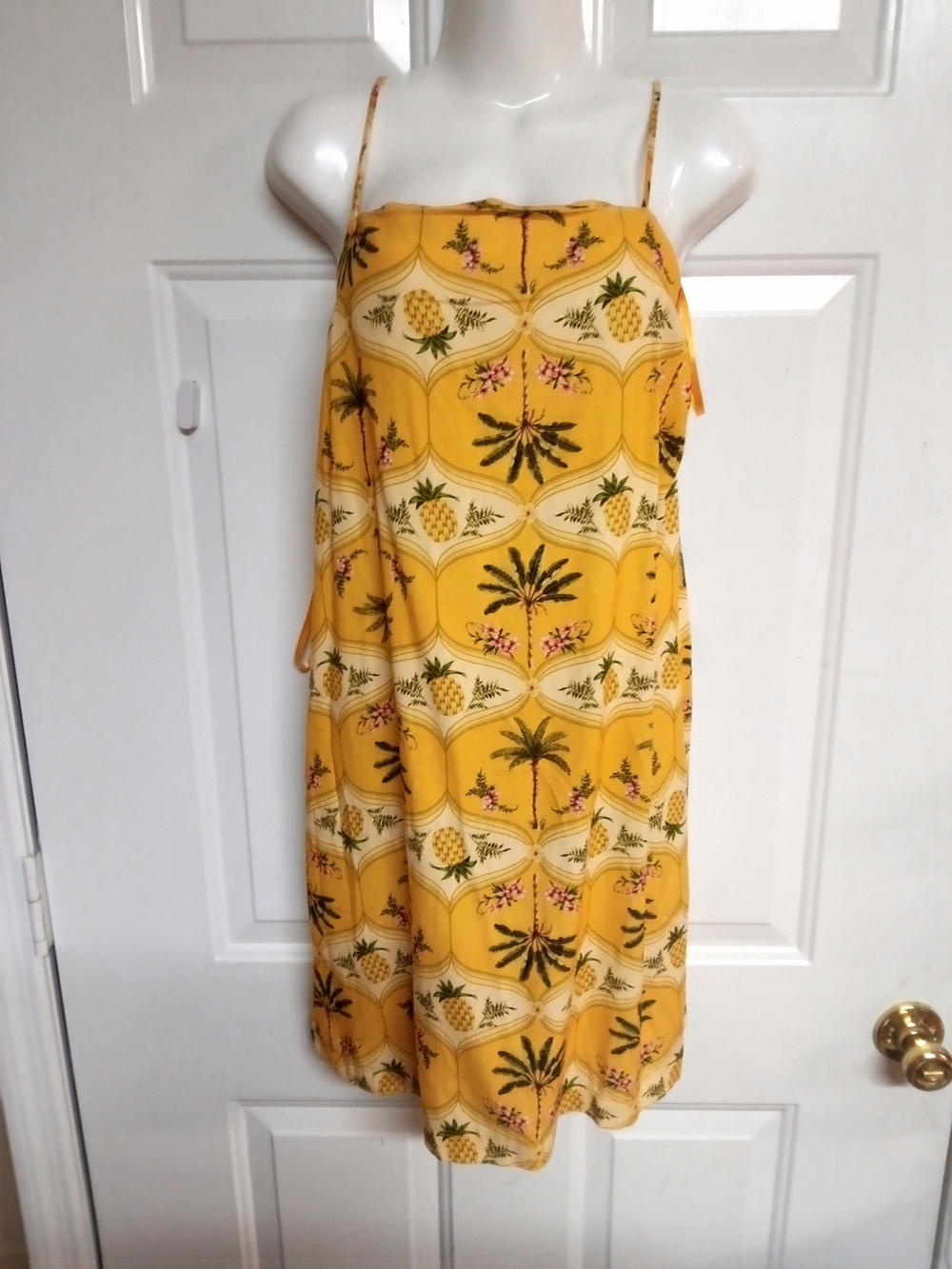 🤠🌻Monteau Linen Yellow Tropical Print Spaghetti Strap Mini Dress Size S